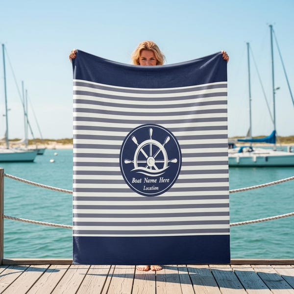 Coastal Throw Blanket - Navy Striped with Anchor Accent
