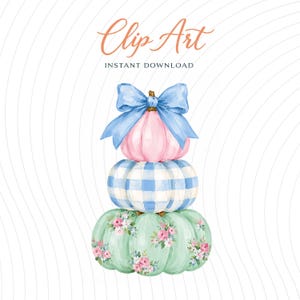 May include: A digital illustration of a stack of three pumpkins topped with a large blue bow. The top pumpkin is solid light pink, the middle pumpkin features a blue and white gingham pattern, and the bottom pumpkin is light green with pink floral accents.