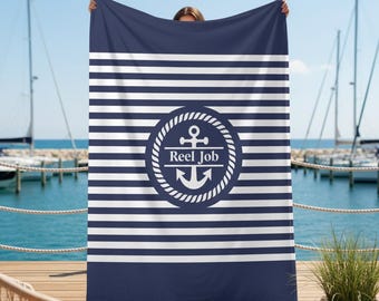 Manta con nombre de barco, decoración náutica para el hogar, regalo de navegación, accesorio para casa de playa a rayas azul marino, decoración costera, manta personalizada con ancla marítima
