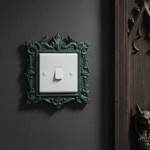 May include: A dark teal, ornate light switch cover with a white switch. The cover has a detailed, gothic-style design. The switch is mounted on a dark gray wall, next to a dark wooden door with carved details.