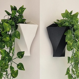 Può includere: Due vasi da parete, uno bianco e uno nero, ciascuno caratterizzato da un design geometrico sfaccettato. Entrambi i vasi contengono rami di edera artificiale verde con foglie variegate che ricadono verso il basso.