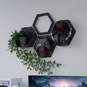 Hexagon Gaming Wall Panels Stone | Controller Holder | Headset Holder | Game Panel Display Shelf