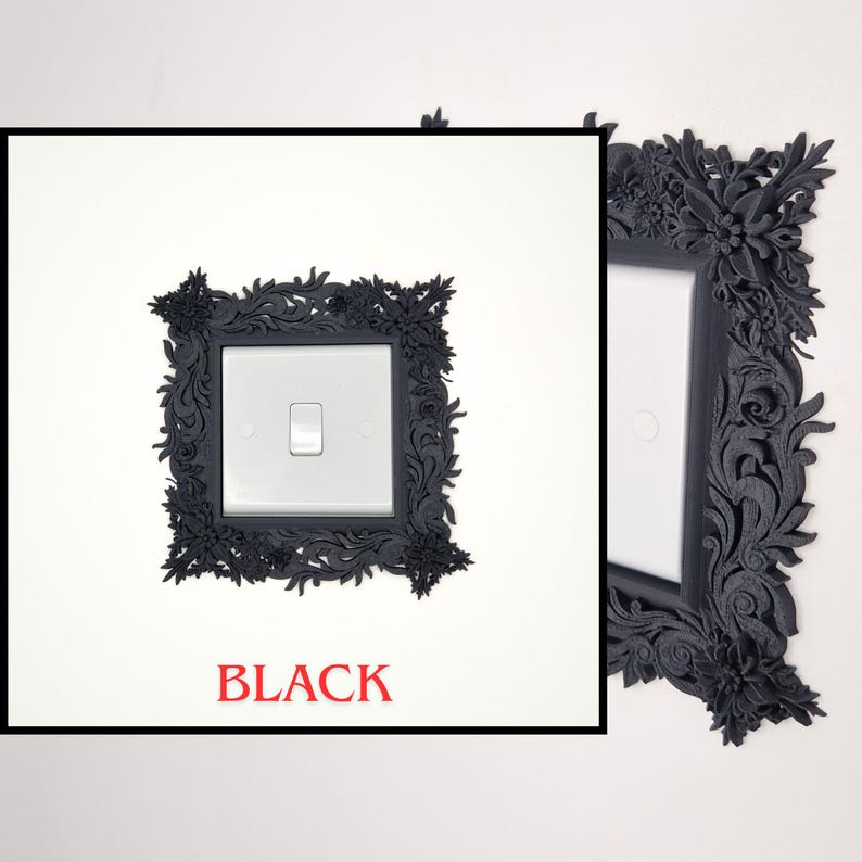 May include: Black decorative light switch cover with floral and leaf design. The cover surrounds a white light switch. The word "BLACK" is printed in red at the bottom of the image.