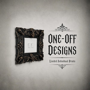 May include: A dark bronze-coloured light switch cover plate featuring a detailed frame with sculpted bird skulls and ornate scrollwork. The text ONE-OFF DESIGNS Limited Individual Prints is displayed in a black gothic-style font to the right.