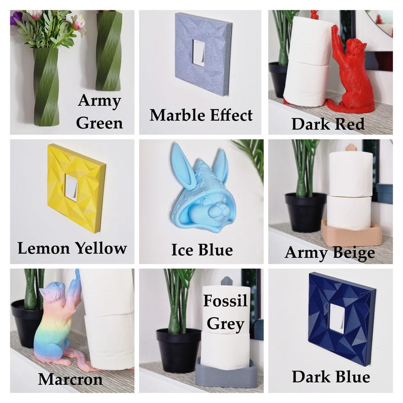 May include: Nine different colored toilet paper holders, each with a unique design. The holders are made of ceramic and feature a variety of colors, including army green, marble effect, dark red, lemon yellow, ice blue, army beige, fossil grey, and dark blue. The holders are all in a square shape and have a small opening in the center for the toilet paper roll.