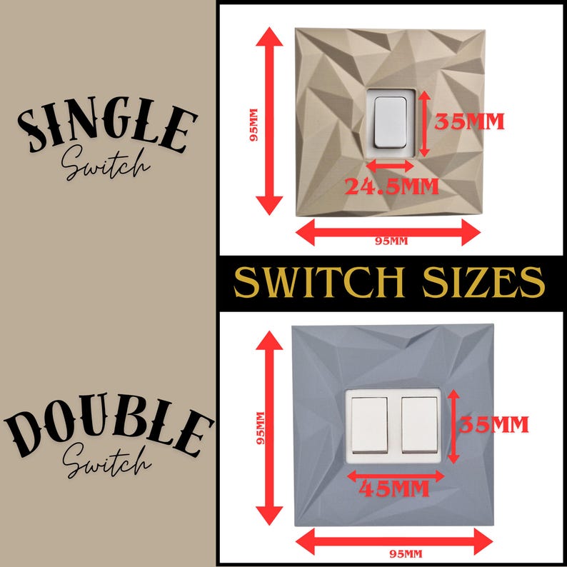 May include: Image showing two switch plate designs. The top plate is beige with a single switch, measuring 95mm x 95mm. The switch itself is 35mm wide and the plate is 24.5mm. The bottom plate is gray with two switches, also 95mm x 95mm, with a 45mm switch.