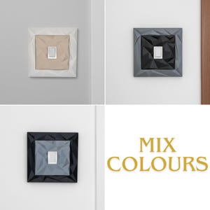 May include: A collage of three modern light switch covers in geometric designs. The covers are in white, gray, and black, each with a contrasting center. The text "MIX COLOURS" is displayed in gold.