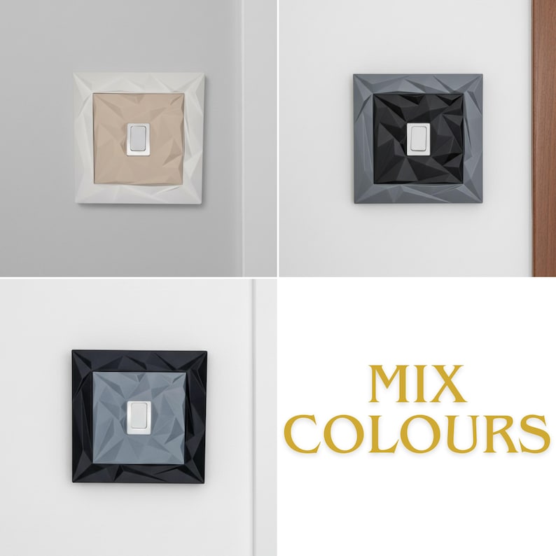 May include: A collage of three modern light switch covers in geometric designs. The covers are in white, gray, and black, each with a contrasting center. The text "MIX COLOURS" is displayed in gold.