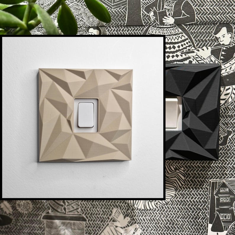 May include: A square light switch cover plate featuring a geometric, faceted, low-poly surface design. The plate is available in a matte beige finish with a central white toggle switch and a matte black finish with a white toggle switch.