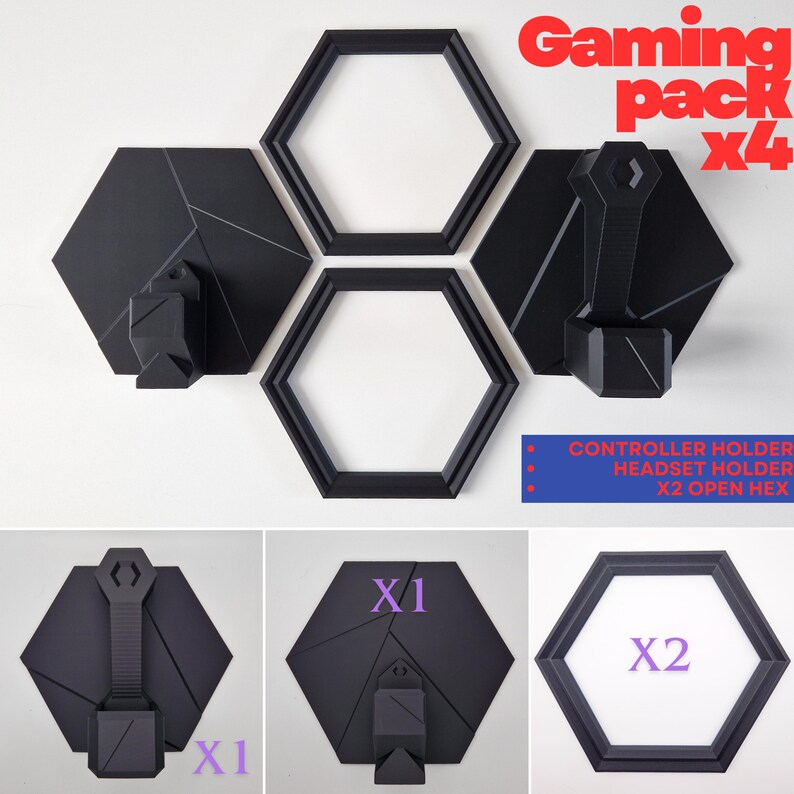 Hexagon Gaming Wall Panels Modern: Headset & Controller Holder Shelf x4 Gaming Pack