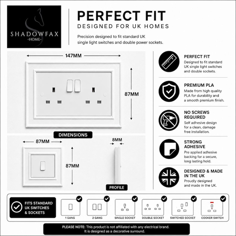 Modern Light Switch Surround | Decorative Switch Frame | Self Adhesive UK Light Switch Border | Minimalist Wall Decor image 8