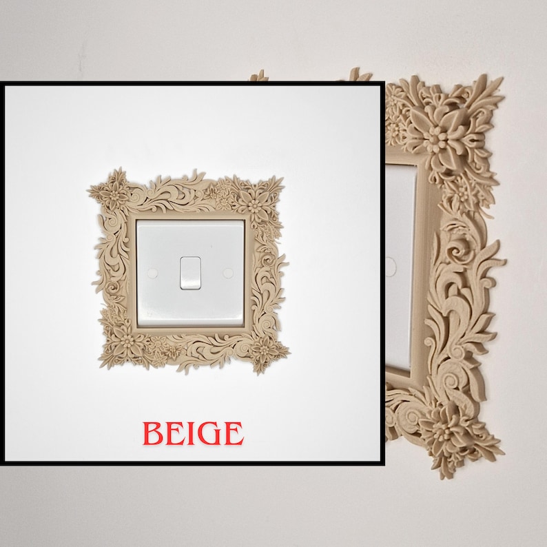 May include: Beige light switch cover with a floral design. The cover is square and surrounds a white light switch. The word "BEIGE" is printed in red at the bottom of the image. The design is detailed and ornate.