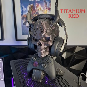 Sci-Fi Skull Headset & Controller Stand: Unique Gaming Decor SALE Titanium Red