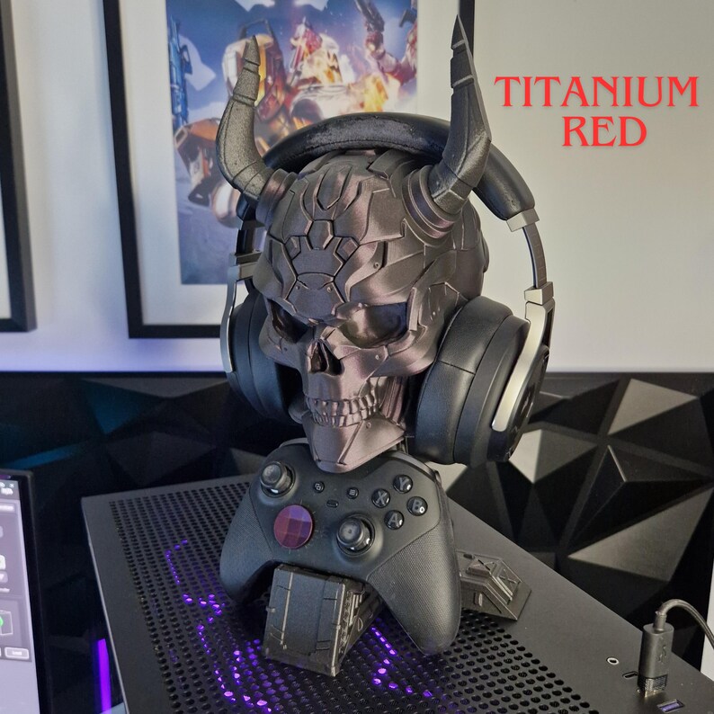 Sci-Fi Skull Headset & Controller Stand: Unique Gaming Decor SALE Titanium Red
