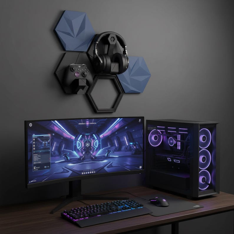 Hexagon Gaming Wall Panels Modern: Headset & Controller Holder Shelf image 2