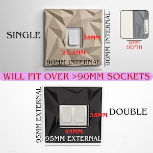 May include: A beige single light switch cover with a geometric faceted surface and a black double light switch cover with a matching faceted design. Text includes SINGLE, DOUBLE, 90MM INTERNAL, 95MM EXTERNAL, 35MM, 24.5MM, 45MM, 8MM DEPTH, and WILL FIT OVER >90MM SOCKETS.