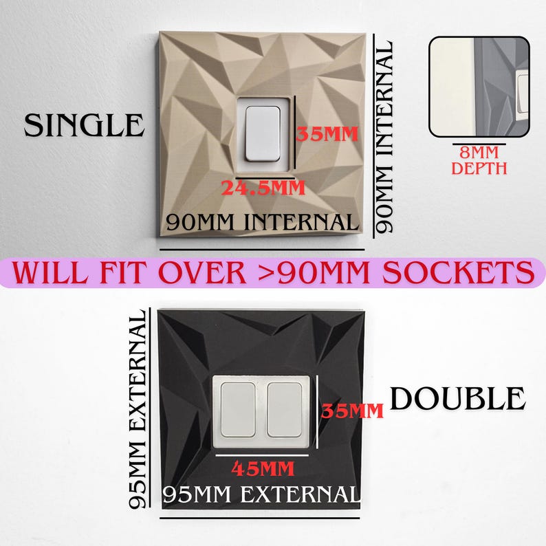 May include: A beige single light switch cover with a geometric faceted surface and a black double light switch cover with a matching faceted design. Text includes SINGLE, DOUBLE, 90MM INTERNAL, 95MM EXTERNAL, 35MM, 24.5MM, 45MM, 8MM DEPTH, and WILL FIT OVER >90MM SOCKETS.
