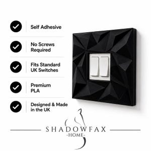 Modern light switch cover features including self adhesive installation and premium PLA construction.