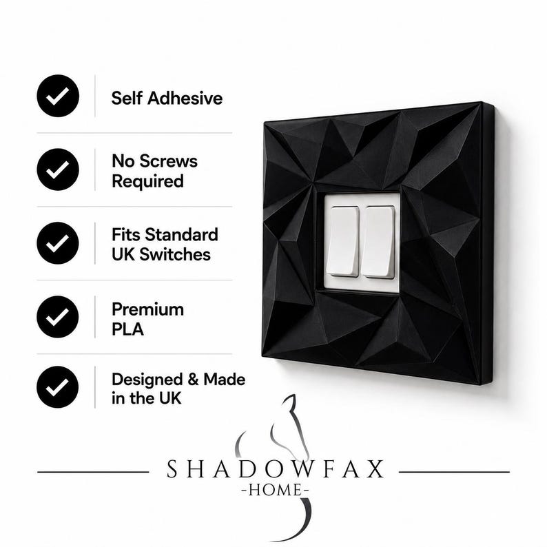Modern light switch cover features including self adhesive installation and premium PLA construction.