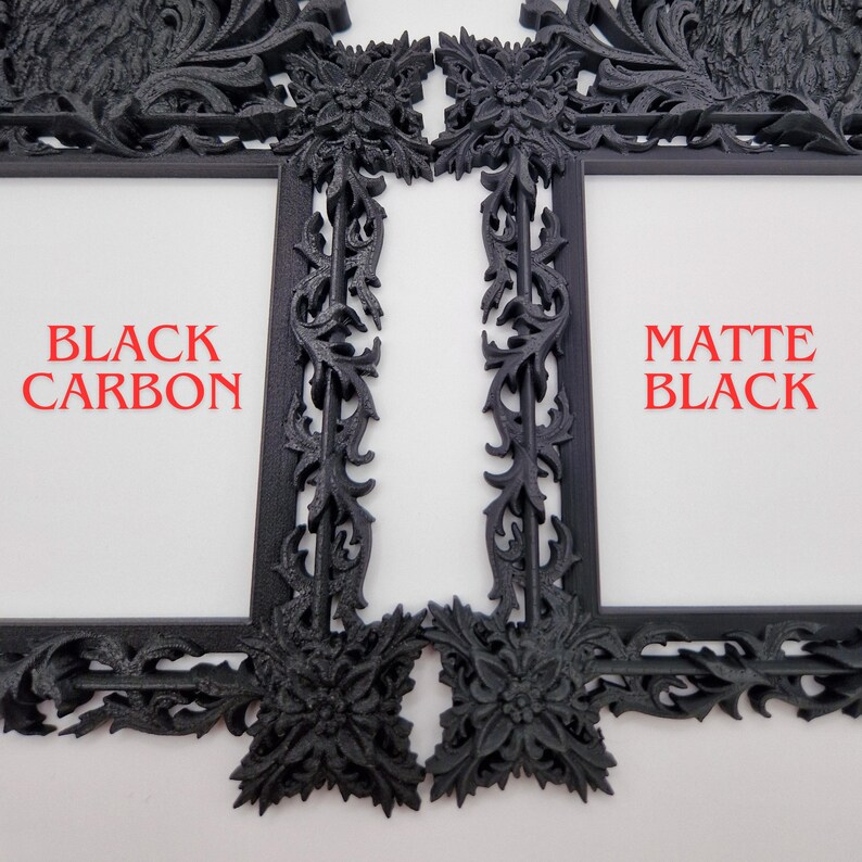 May include: Ornate black picture frames with intricate floral and leaf designs. The text "BLACK CARBON" and "MATTE BLACK" are printed in red. The frames are displayed against a white background.
