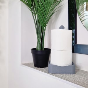 Puede incluir: Un porta rollo de papel higi&eacute;nico de hormig&oacute;n gris con dos rollos de papel higi&eacute;nico blanco. El soporte tiene una peque&ntilde;a manija en la parte superior. Una planta verde en maceta est&aacute; en el fondo.