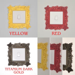 May include: Decorative light switch covers in yellow, red, and titanium dark gold. Each cover has a square shape with a white switch and is surrounded by an ornate floral design. The word "YELLOW" is written in red.