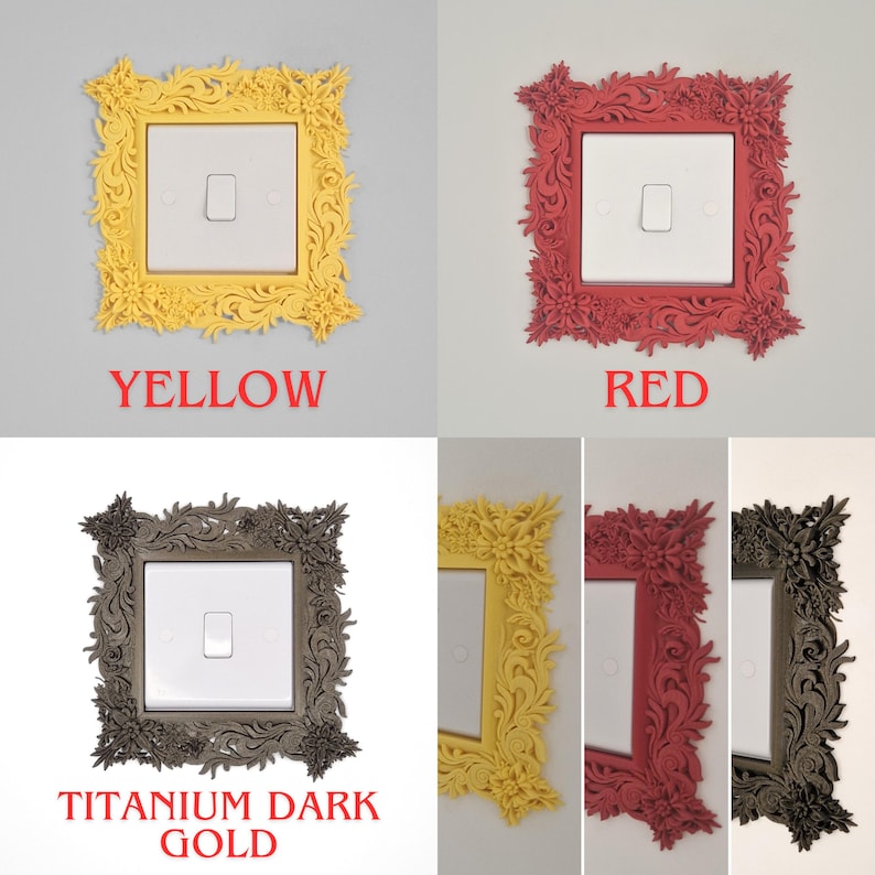 May include: Decorative light switch covers in yellow, red, and titanium dark gold. Each cover has a square shape with a white switch and is surrounded by an ornate floral design. The word "YELLOW" is written in red.