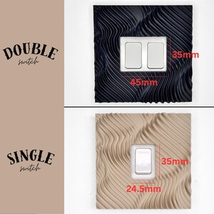 May include: A black double light switch plate with a wavy texture and a beige single light switch plate with a wavy texture. The double switch plate measures 45mm by 35mm, and the single switch plate measures 24.5mm by 35mm. Text reads DOUBLE switch and SINGLE switch.