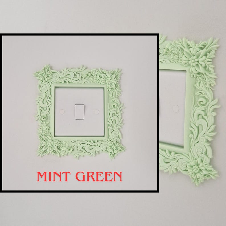Floral Light Switch Surround | Baroque Switch Frame | Decorative UK Socket Cover | Wall Decor Mint Green