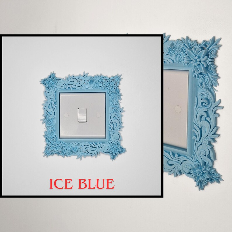 May include: An ice blue light switch cover with a floral design. The cover is square with a rectangular opening for the switch. The text "ICE BLUE" is in red at the bottom of the image.