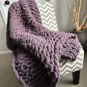 Cozy Chunky Chenille Hand Knit Large Blanket Throw in Purple