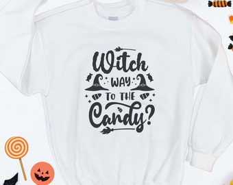 Witch Way Candy Halloween Sweatshirt: Kuscheliges Unisex Rundhalsausschnitt