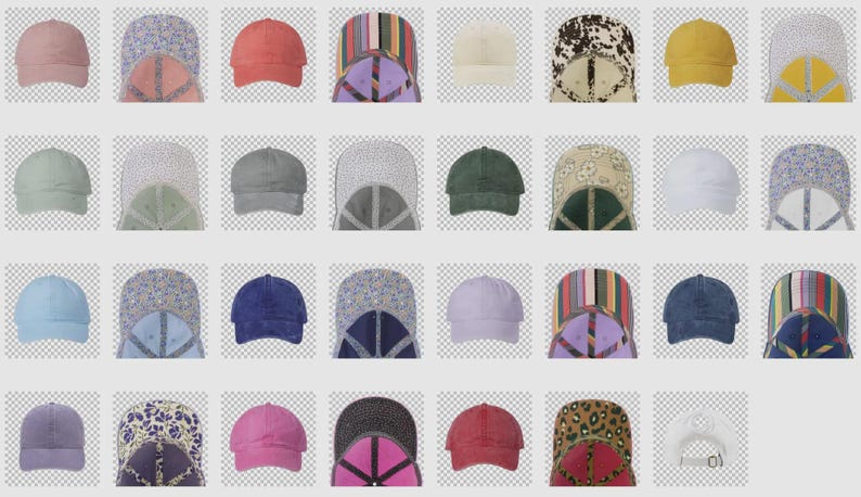 K&ouml;nnte beinhalten: Sammlung von Baseballkappen in verschiedenen Farben und Mustern. Enth&auml;lt unifarbene Farben wie Rot, Blau und Rosa sowie gemusterte Kappen mit floralen, gestreiften und Animal-Print-Designs. Die Kappen werden vor einem neutralen Hintergrund gezeigt.