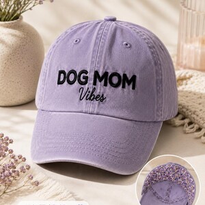 Dog Mom Vibes Embroidered Hat, Women’s Cotton Baseball Cap with Patterned Undervisor, Ponytail Hat, Dog Lover Gift for Her