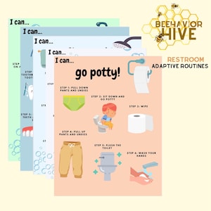 May include: A colorful chart with the title "go potty!"  illustrates the steps for using the toilet. The steps are: pull down pants and undies, sit down and go potty, wipe, pull up pants and undies, flush the toilet, and wash your hands. The chart is part of a series of charts with the title "Beehavior Hive Restroom Adaptive Routines".