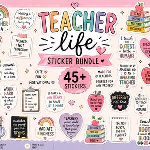 May include: A collection of colorful stickers with teacher-themed designs. The stickers feature phrases like "Teacher Life," "Teach Love Inspire," and "Best Teacher Ever." The bundle includes over 45 stickers with various illustrations.
