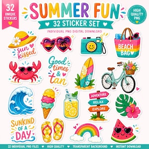 Sommarkul-klistermärkespaket | 32 unika tropiska stranddesigner (digital nedladdning)