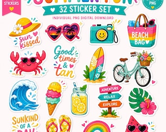 Summer Fun Sticker Bundle PNG | 32 Cute Summer Stickers | Individual PNG Files | Digital Download