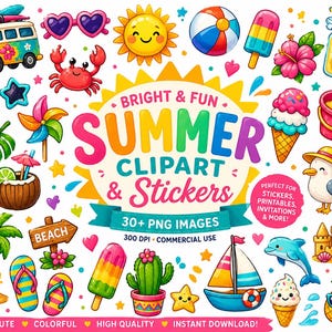 May include: A vibrant collection of summer-themed clipart and stickers. The image features a beach scene with a van, sunglasses, a crab, a sun, a beach ball, ice cream, a sailboat, and a dolphin. Text reads "Bright & Fun Summer Clipart & Stickers".
