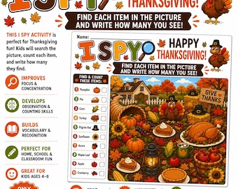 Puede incluir: Una hoja de actividades I Spy con temática de Acción de Gracias que presenta una colorida ilustración de una escena de granja con calabazas, un pavo, un cuerno de la abundancia, pasteles y hojas de otoño. La página incluye una lista numerada para contar elementos como manzanas, bellotas y girasoles, con el texto I Spy Happy Thanksgiving impreso en la parte superior.