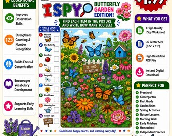 Butterfly Garden I Spy Worksheet | Printable Spring Activity for Preschool, Kindergarten & 1st Grade