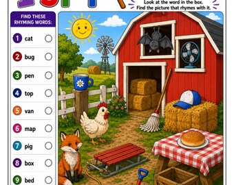 Farm Rhyming Words I-Spy Worksheet with Answer Key, CVC Rhyming Activity, Kindergarten Literacy Center, Phonics Printable PDF