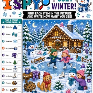 以下が含まれることがあります： 「I Spy Cozy Winter」アクティビティシート。雪景色のログハウス、スケートをする子供たち、雪だるま、ゴールデンレトリバーが描かれ、冬の帽子、ミトン、雪の結晶、ココアマグなど、探して数えるための10個のアイテムリストが記載されています。