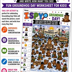 May include: A Groundhog Day I Spy activity worksheet featuring a colorful illustration of multiple groundhogs in a snowy town setting. The page includes a list of ten items to find and count, with text reading I Spy Groundhog Day and Happy Groundhog Day.