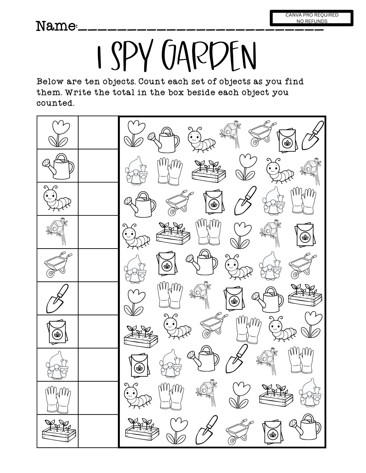 Garde R Actvities Garden I Spy Worksheet | Spring Activity for Kindergarten, 1st, 2nd ...