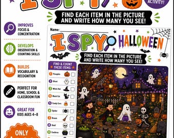 Halloween I Spy Printable Game, Spooky Counting Worksheet (Digital Download)
