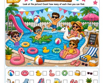 Pool Party I Spy Sheet, Summer Activity Worksheet, Kids Printable (Digital Download)