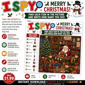 I-Spy Christmas Worksheet | Find 10 Holiday Items | Printable Activity