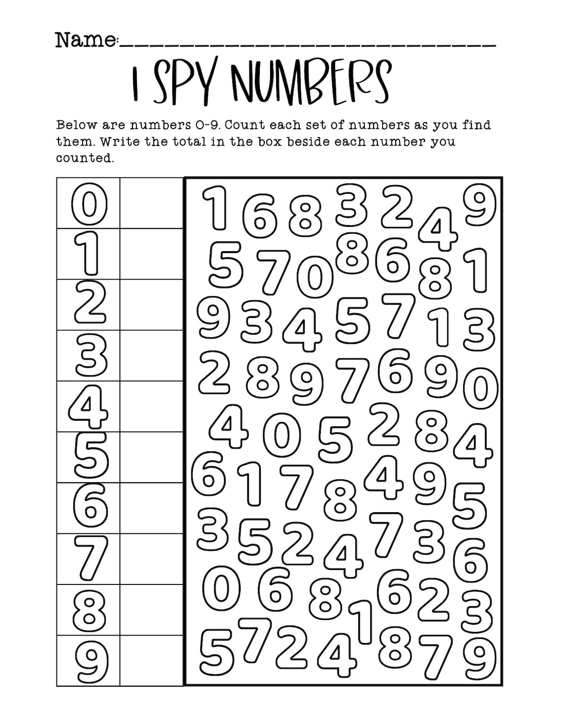 I Spy Numbers 0-9 Worksheet | Kindergarten Math (PDF Printable) - Etsy