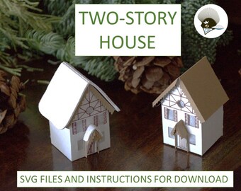 Gemütliches zweistöckiges Papierhaus - SVG, PDF-Schnittdatei - Laterne, Ornament oder Dorf - Einfach zu montieren - Flach für Lagerung -